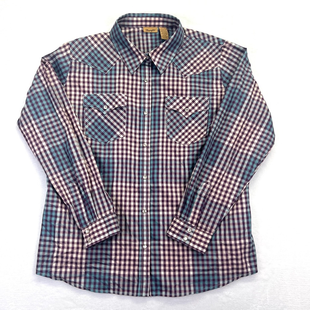 Wrangler Womens XXL Purple Teal Gingham Western Pearl Snap Long Sleeve Shirt‎